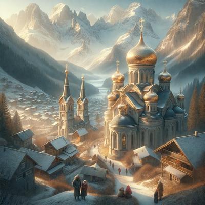 The primary subject of the image is a large, ornate church with a golden roof, situated in a snowy mountain village. The church is surrounded by a picturesque landscape, including a river and a mountain range. The setting is a wintery village with snow-covered houses and a mountainous backdrop. The visual style of the image is a digital art or illustration, creating a captivating and serene atmosphere. The dominant colors are white, gold, and shades of blue, reflecting the snowy and cold environment.